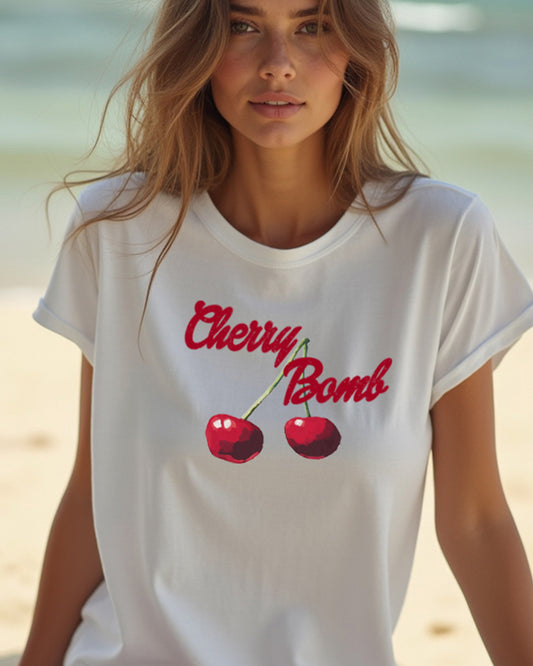 Cherry Bomb Organic Cotton T-Shirt – Retro Oversized Tee, Vintage Aesthetic Summer Shirt, 90s Inspired Graphic Tee, Eco-Friendly T-Shirt